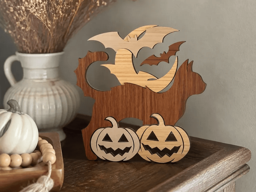 Halloween Cat, Bat and Pumpkin Layered Sign Layered Laser Cut Design