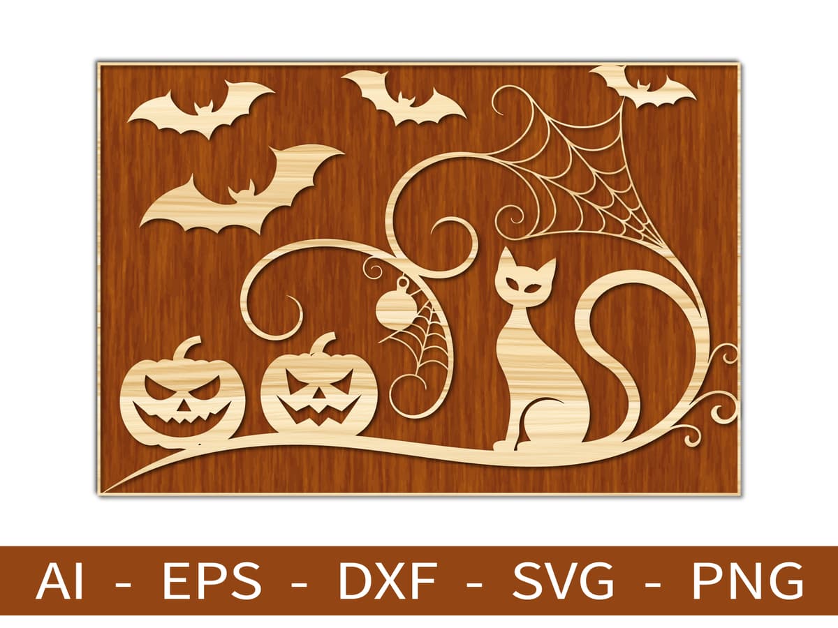 Halloween Cat, Bat and Pumpkin Layered Sign Decorative Laser Cut Design