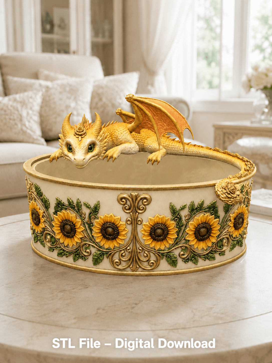 Golden Sunflower Dragon Planter STL File for 3D Print