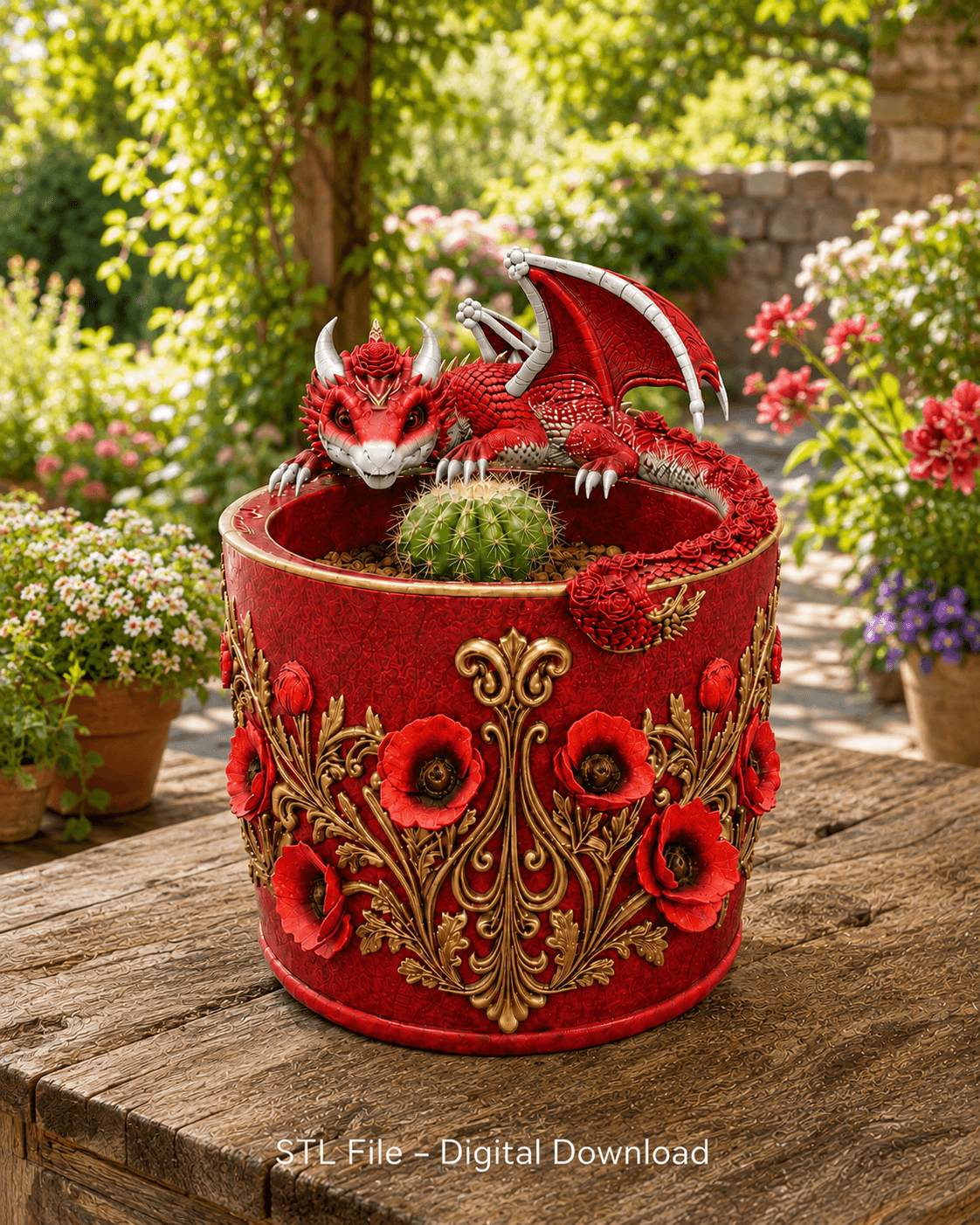 Crimson Poppy Dragon Planter STL File for 3D Print