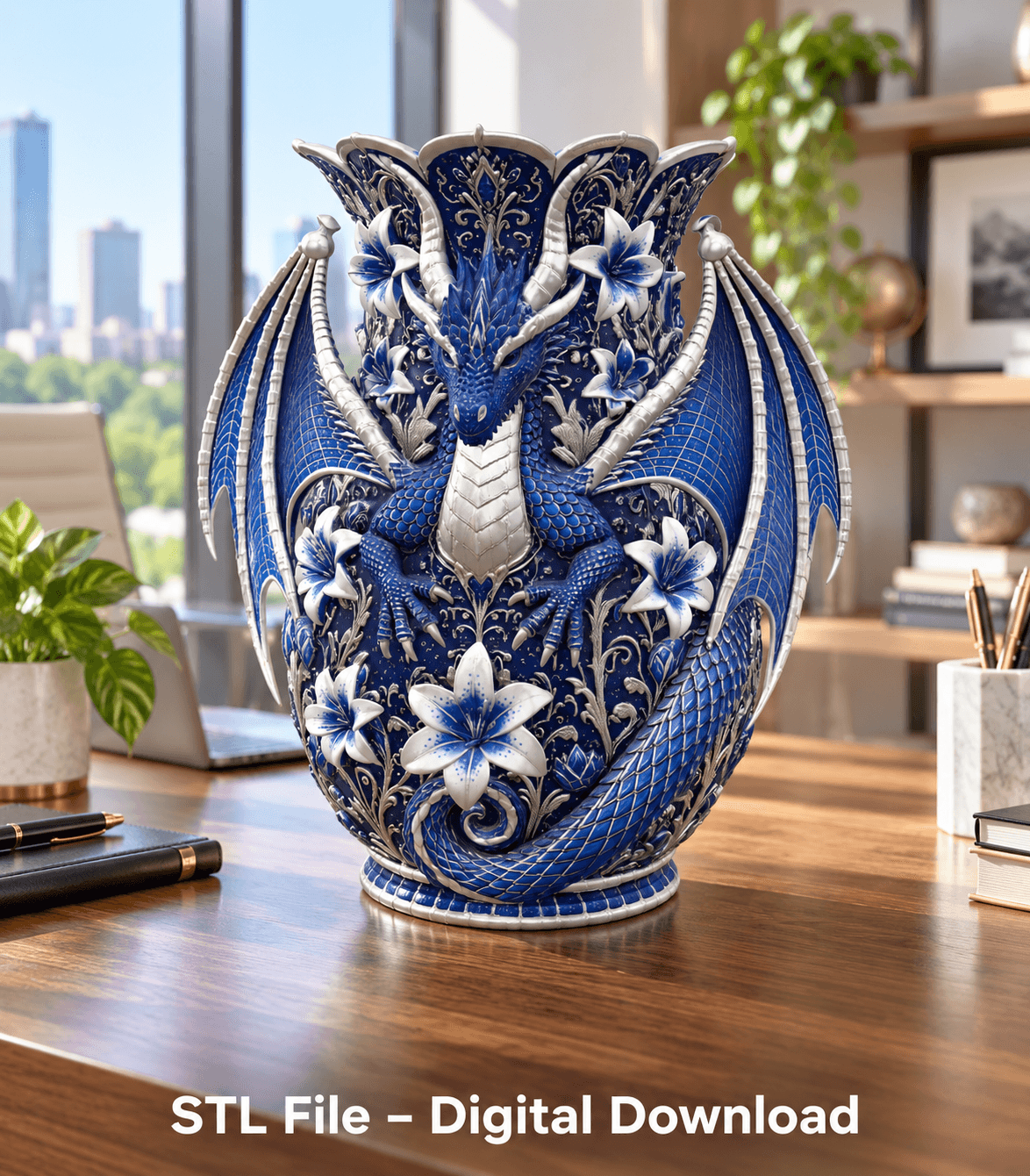 Royal Blue Lily Dragon Vase STL File for 3D Print
