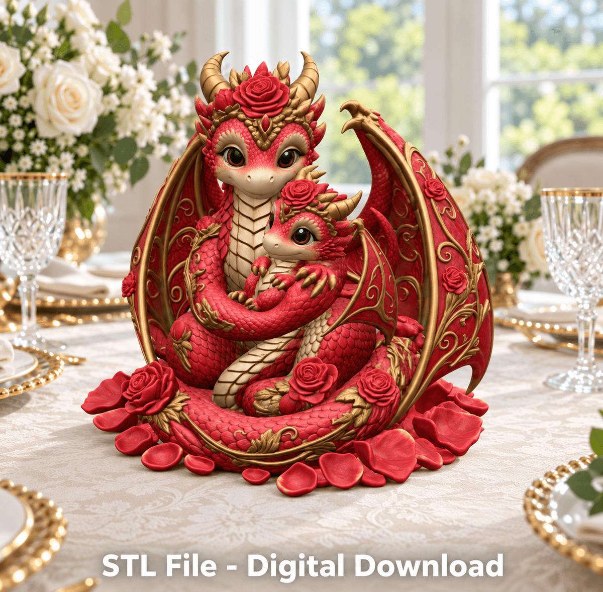 Rose Dragon Mother and Baby STL File for 3D Print