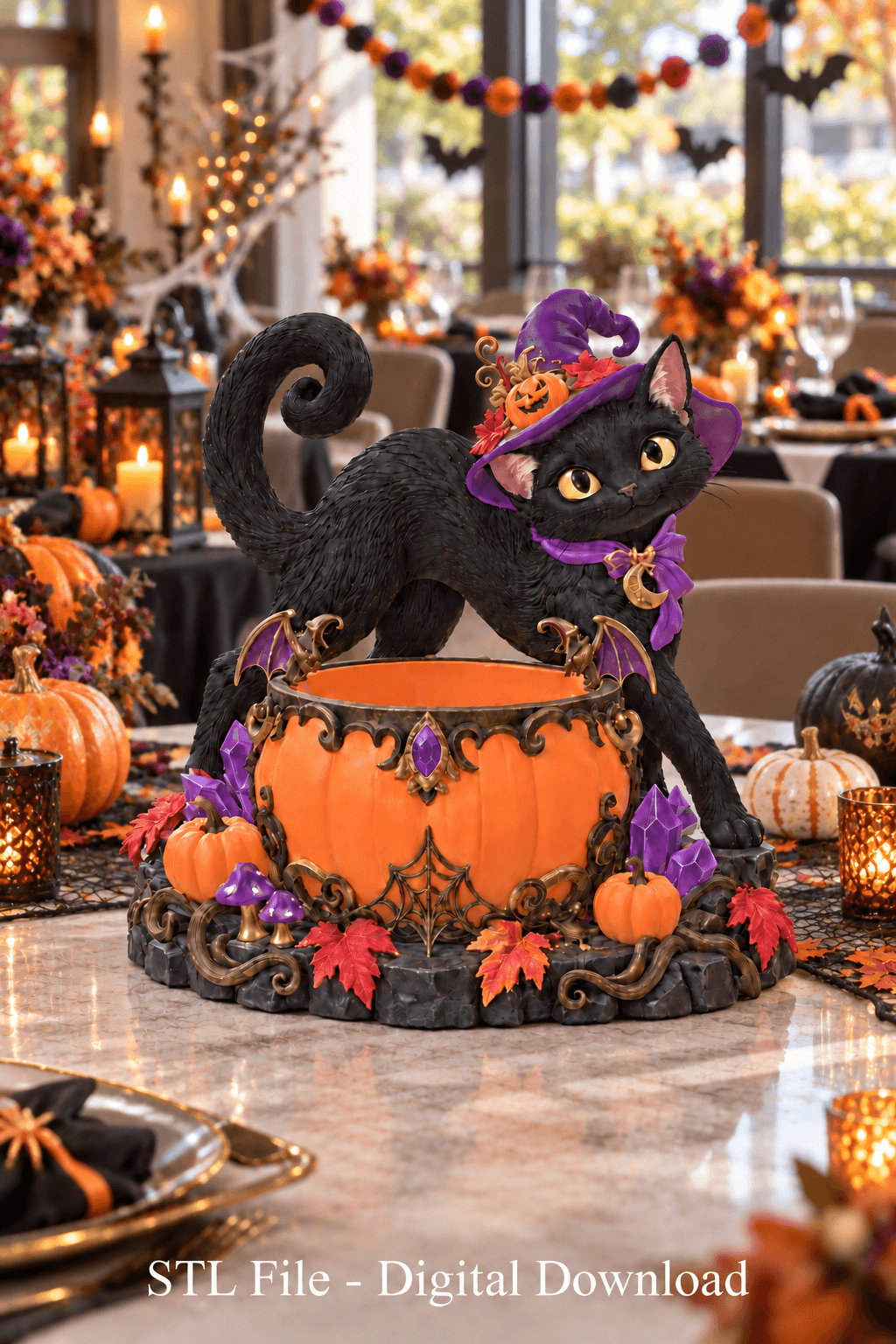 Halloween Witch Cat Pumpkin Bowl STL File for 3D Print