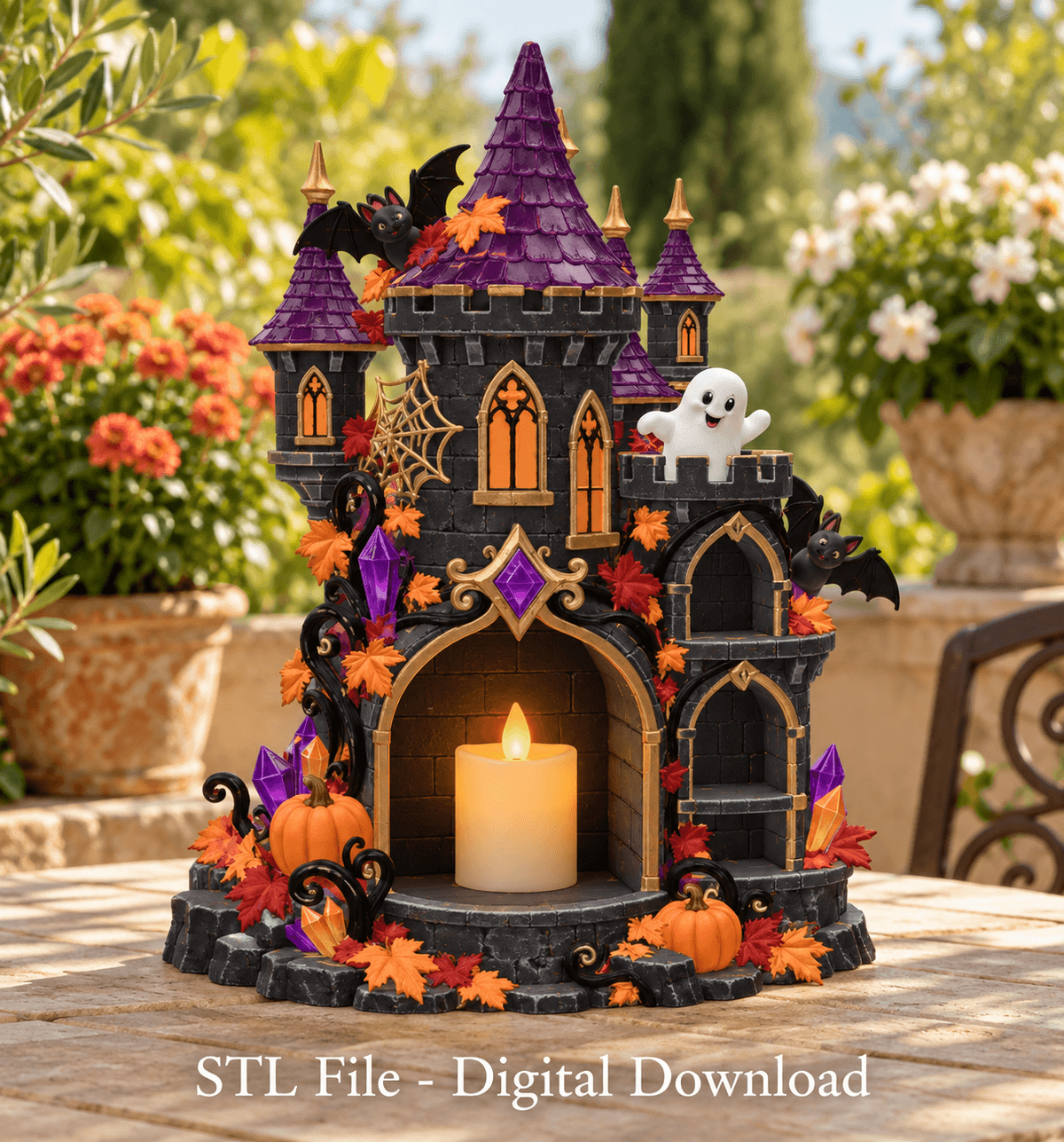 Haunted Halloween Castle LED Candle Holder STL File for 3D Print