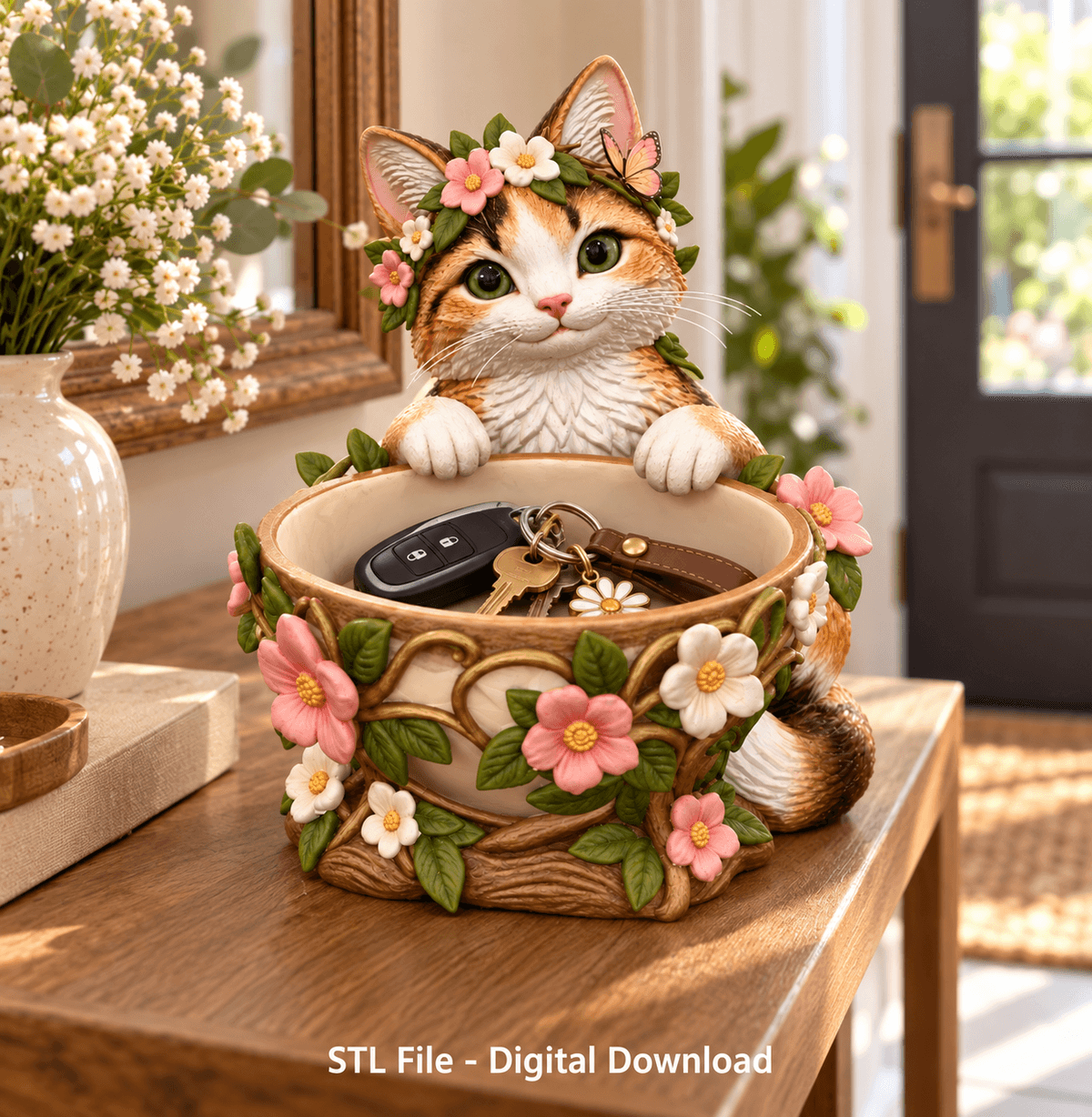 Flower Crown Cat Trinket Bowl STL File for 3D Print