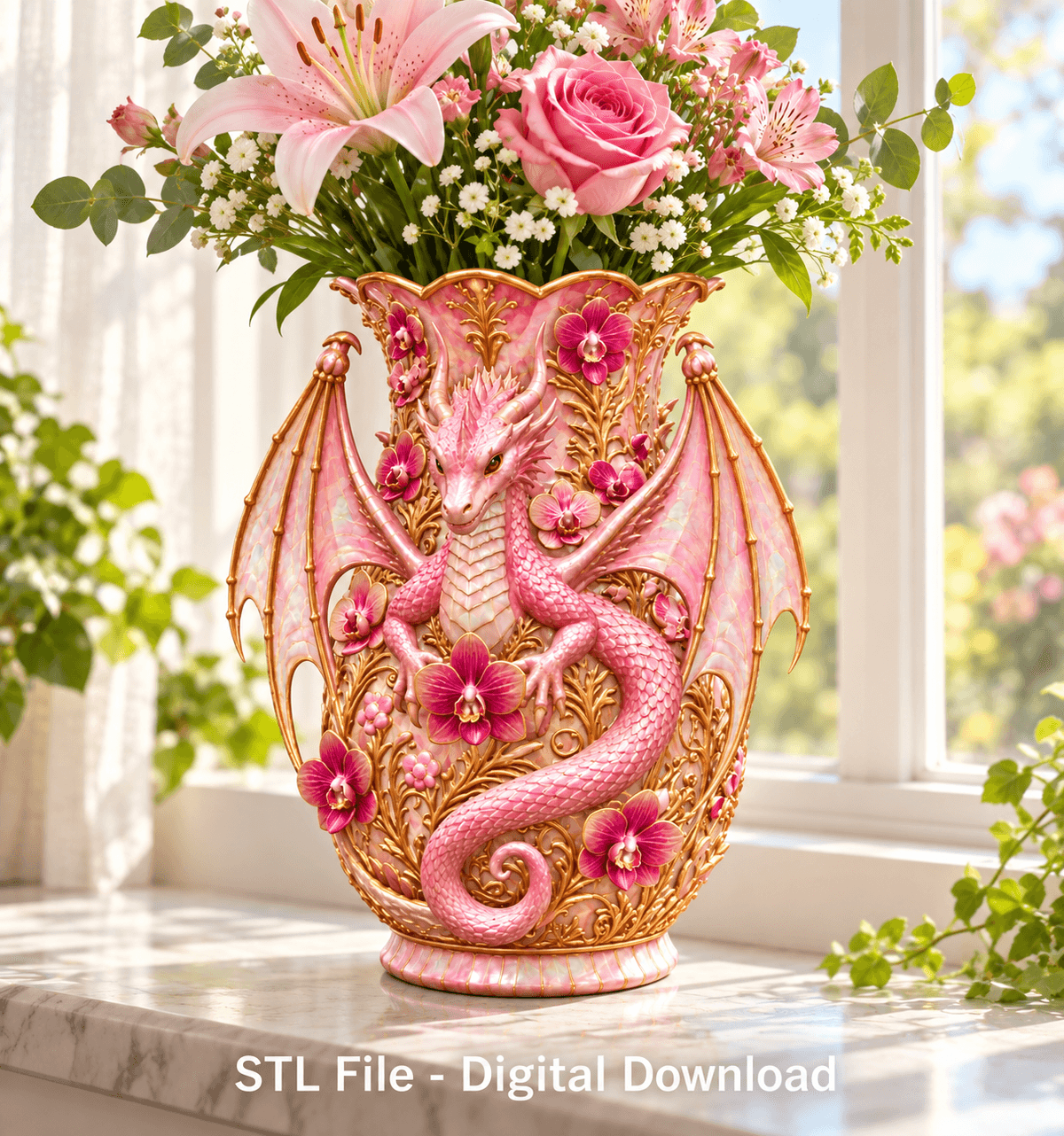 Orchid Dragon Fantasy Vase STL File for 3D Print