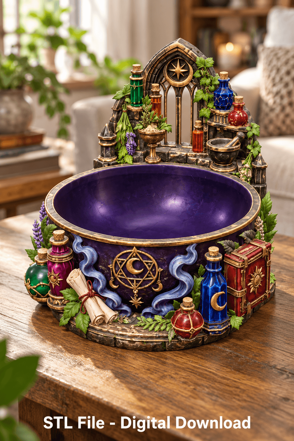 Violet Witch Cauldron Organizer with Potion Bottles STL File for 3D Print