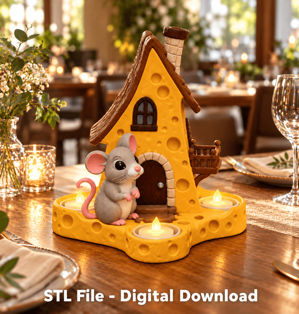 Whimsical Cheese House LED Candle Holder with Mouse STL File for 3D Print