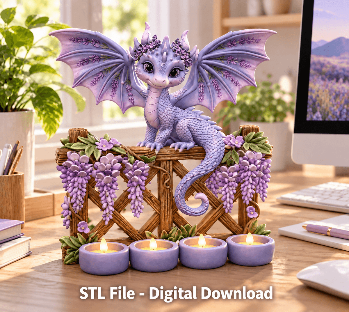 Lavender Dragon LED Tealight Holder STL File for 3D Print