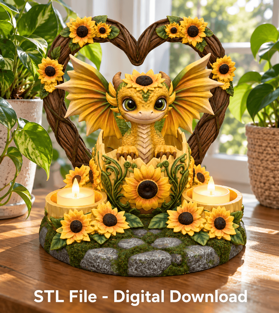 Golden Sunflower Dragon LED Tealight Holder STL File for 3D Print