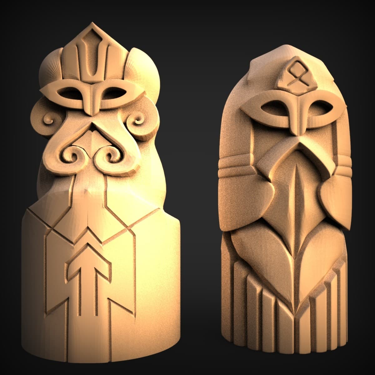 Carved Norse Guardian Statue Pair