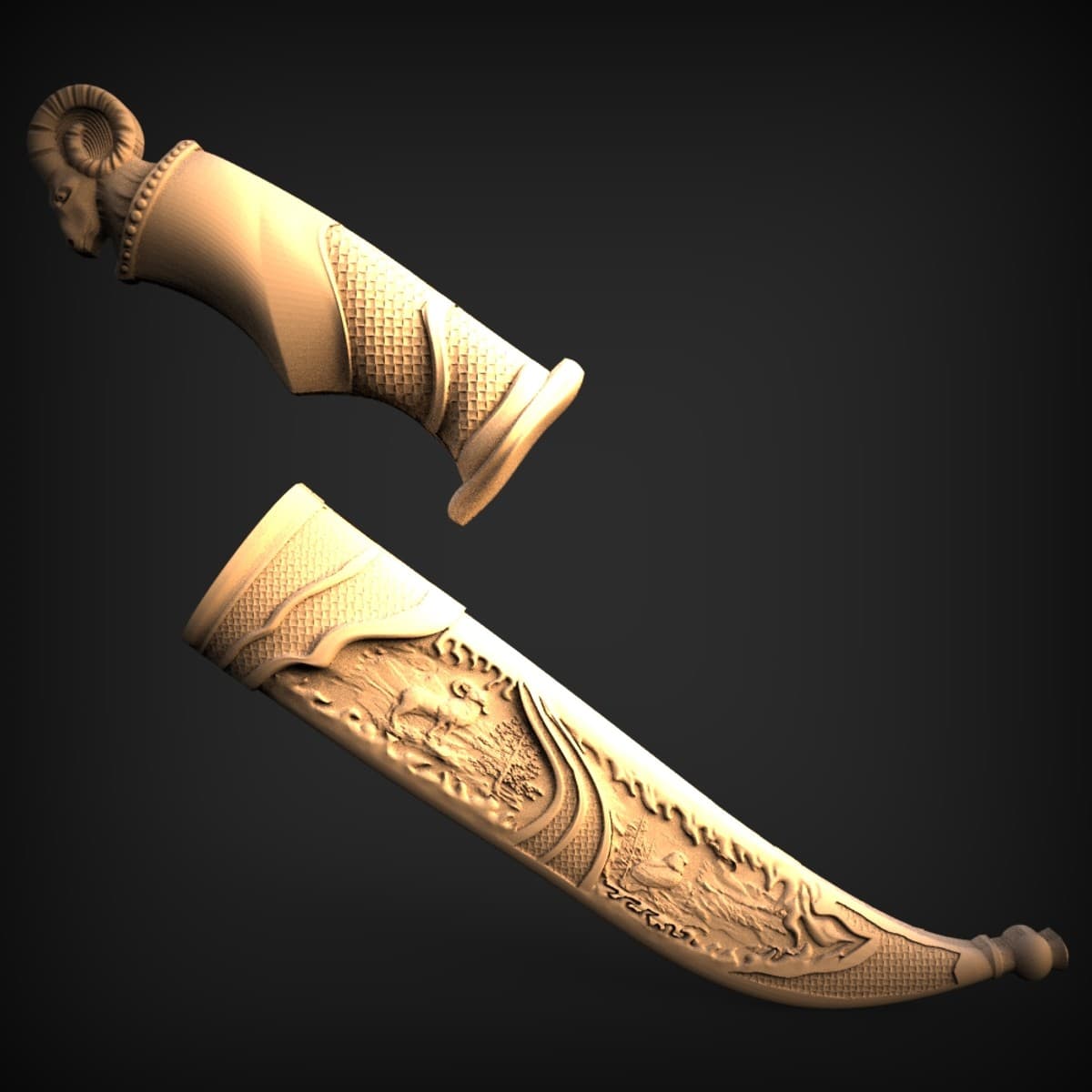 Ram-Head Dagger And Carved Sheath